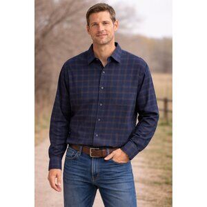 Peter Millar Blue/Brown Plaid Long-Sleeve Cotton Shirt XXL